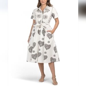LEA Women's Cotton Short Sleeve Black White Midi Dress